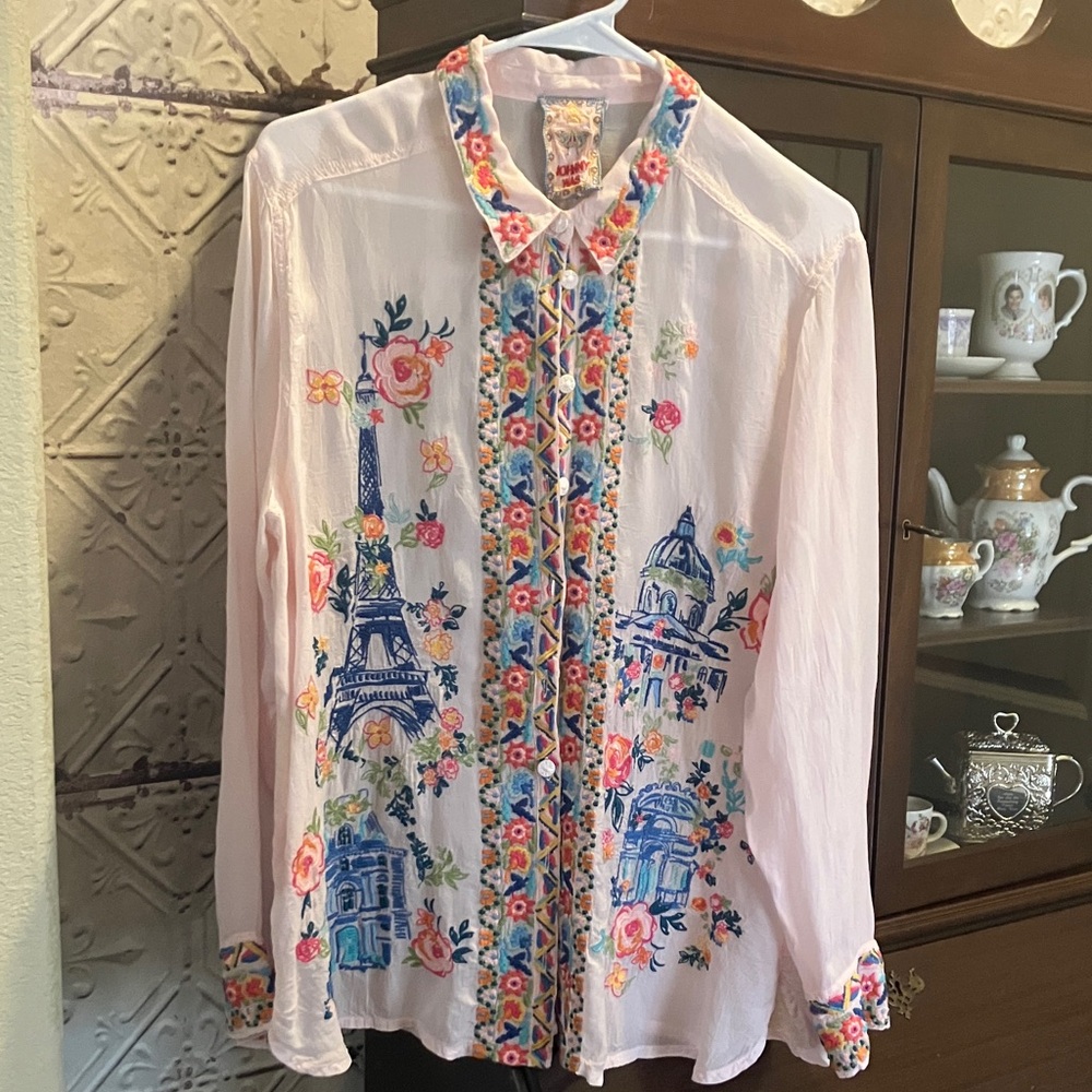 Johnny Was light pink Embroidered Collar Top with Multicolor Stitching